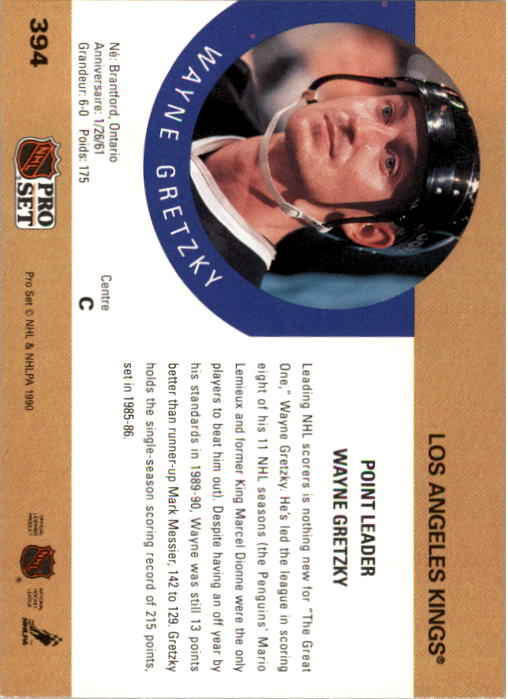 1990-91 Pro Set #394 Wayne Gretzky LL UER/(Lemieux and Dionne,/should read Lemieux only) back image