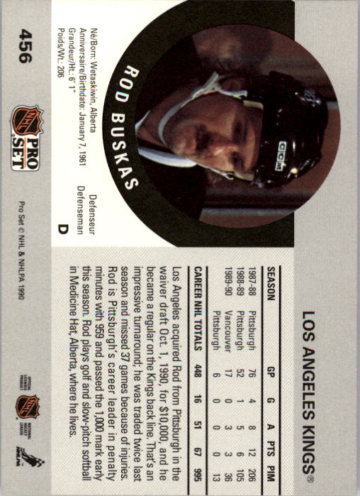 1990-91 Pro Set #456 Rod Buskas RC back image