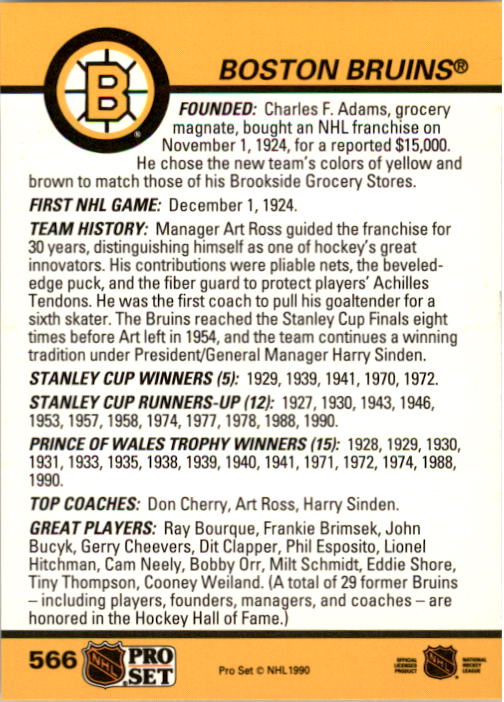 1990-91 Pro Set #566 Boston Bruins Logo back image