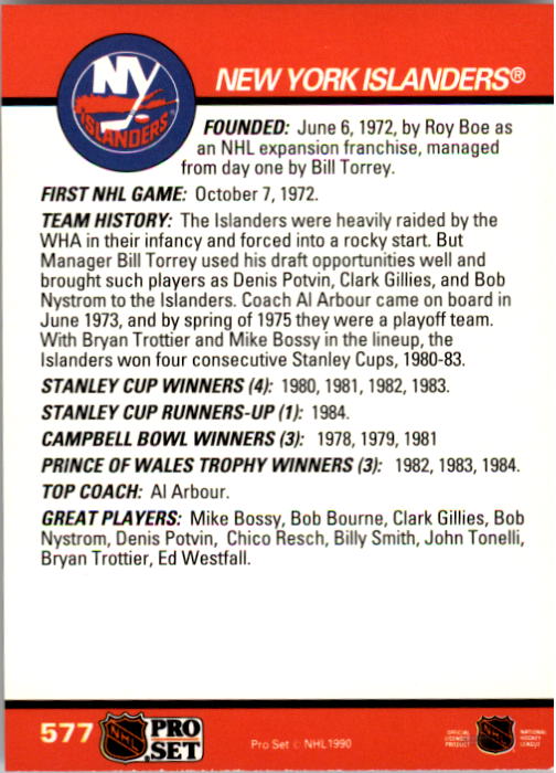 1990-91 Pro Set #577 New York Islanders Logo back image