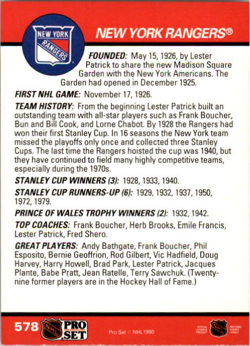1990-91 Pro Set #578 New York Rangers Logo back image