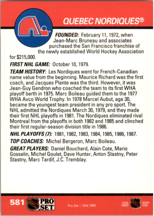 1990-91 Pro Set #581 Quebec Nordiques Logo back image
