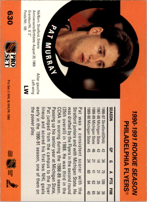 1990-91 Pro Set #630 Pat Murray RC back image