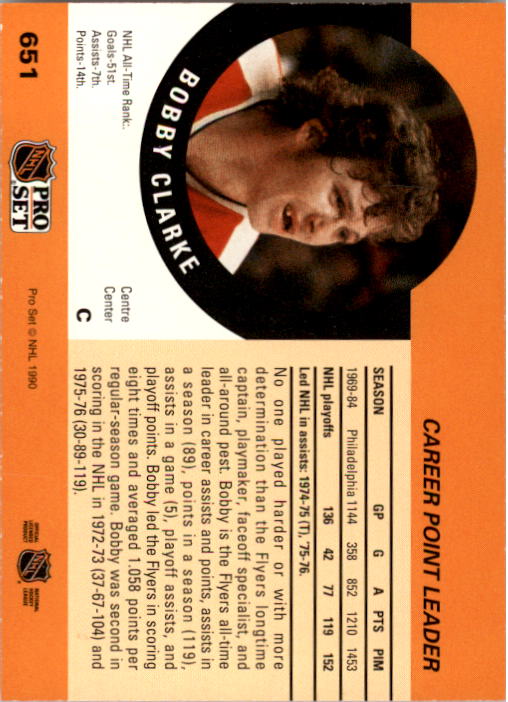 1990-91 Pro Set #651 Bobby Clarke CPL back image