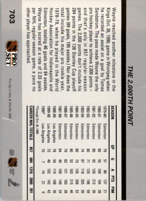 1990-91 Pro Set #703 Wayne Gretzky 2000th UER/(2.33 goals per game,/should be points) UER back image