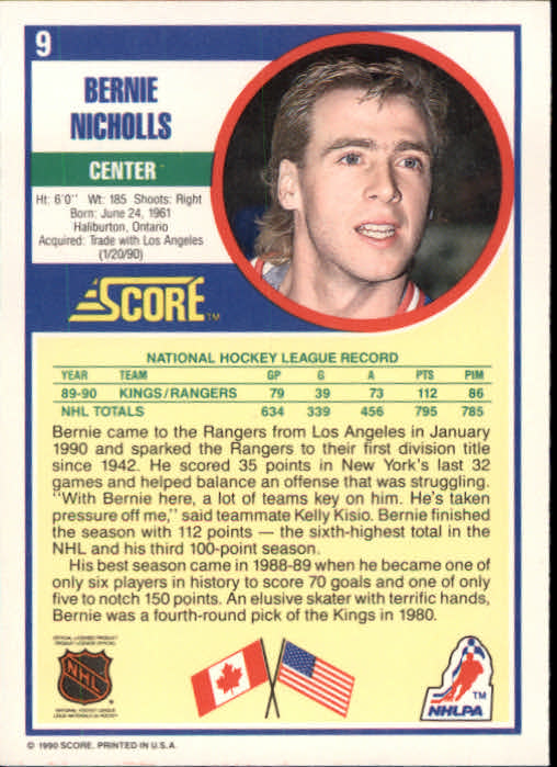 1990-91 Score #9 Bernie Nicholls back image