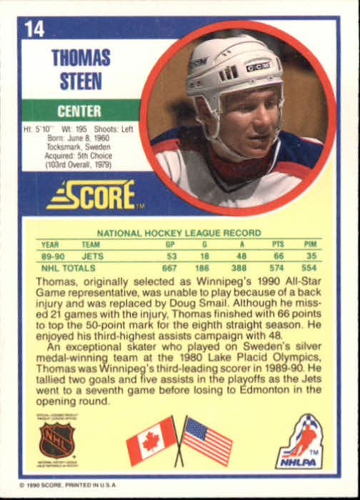 1990-91 Score #14 Thomas Steen back image