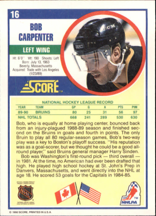 1990-91 Score #16 Bob Carpenter back image