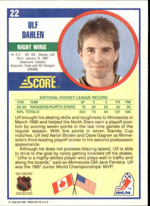 1990-91 Score #22 Ulf Dahlen back image