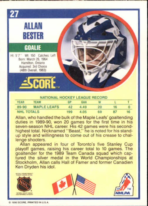 1990-91 Score #27 Allan Bester back image