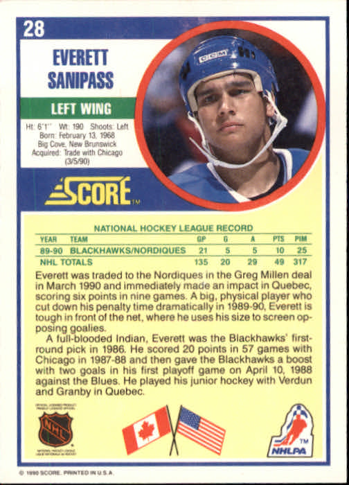 1990-91 Score #28 Everett Sanipass RC back image