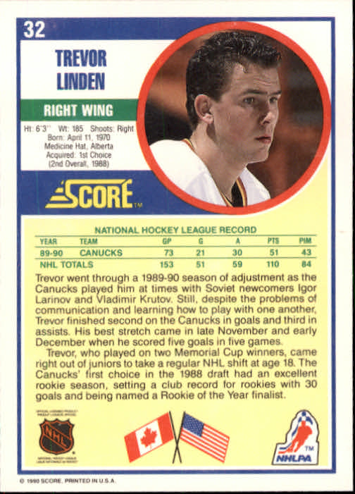 1990-91 Score #32 Trevor Linden back image