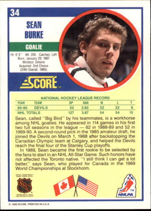 1990-91 Score #34 Sean Burke back image