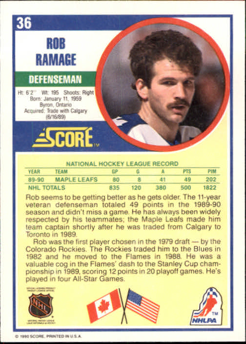 1990-91 Score #36 Rob Ramage back image