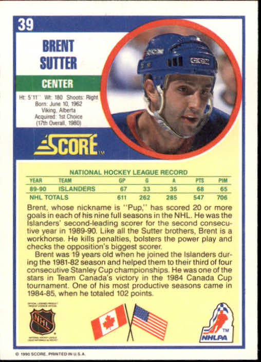1990-91 Score #39 Brent Sutter back image