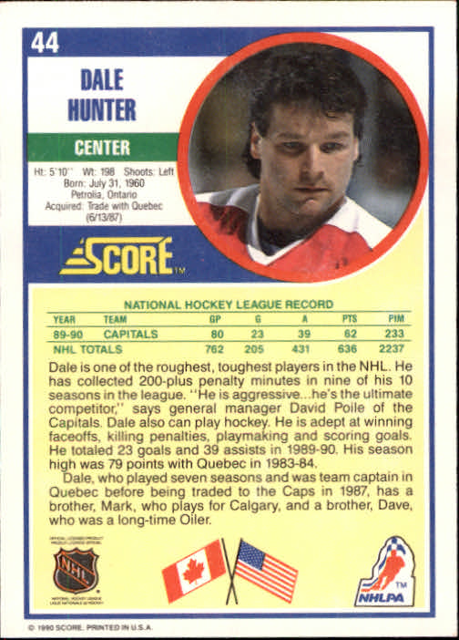 1990-91 Score #44 Dale Hunter back image