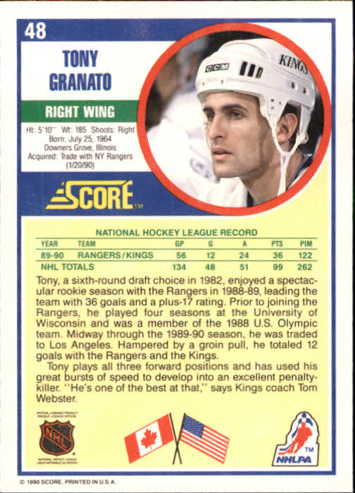 1990-91 Score #48 Tony Granato back image