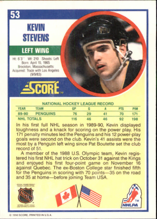 1990-91 Score #53 Kevin Stevens RC back image