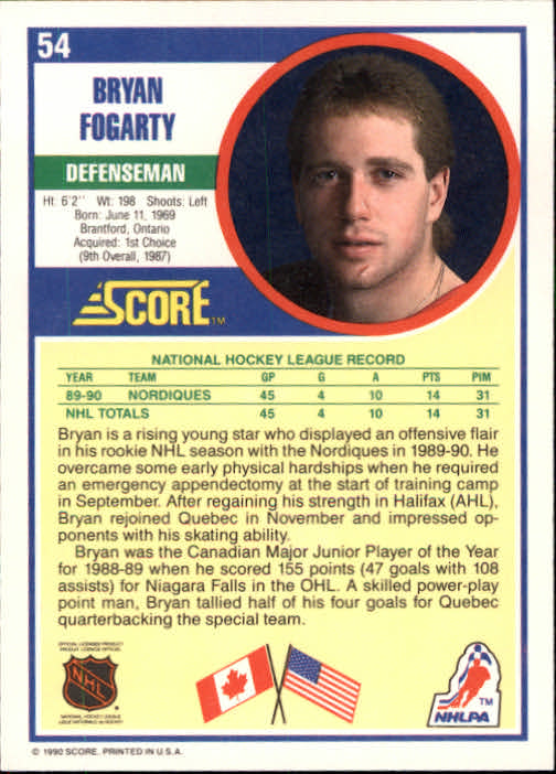 1990-91 Score #54 Bryan Fogarty RC back image