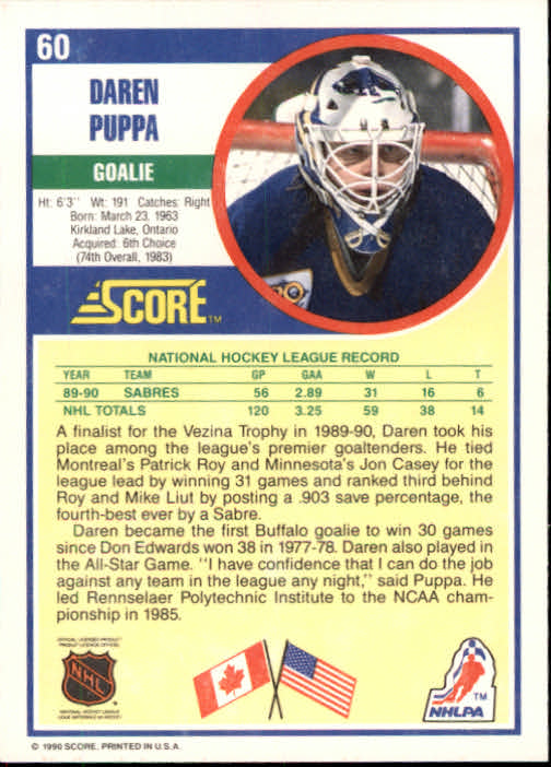 1990-91 Score #60 Daren Puppa back image