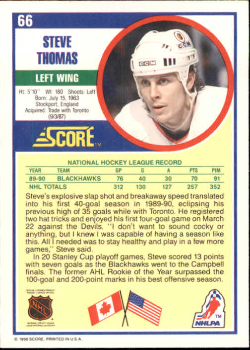 1990-91 Score #66 Steve Thomas back image