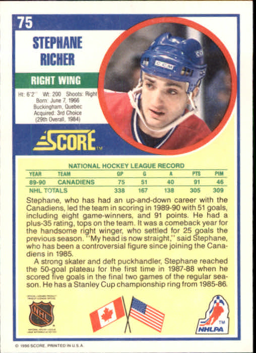 1990-91 Score #75 Stephane Richer back image