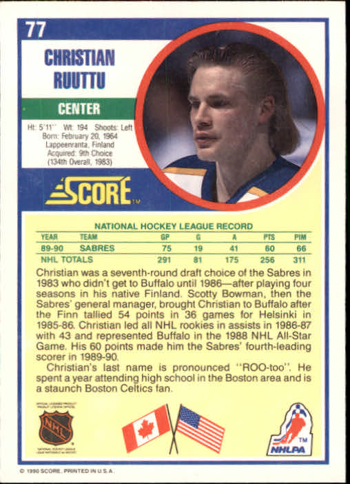 1990-91 Score #77 Christian Ruuttu back image