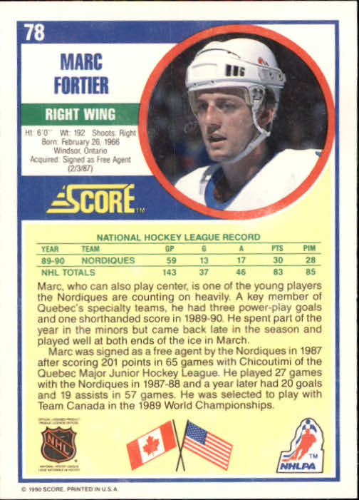 1990-91 Score #78 Marc Fortier back image