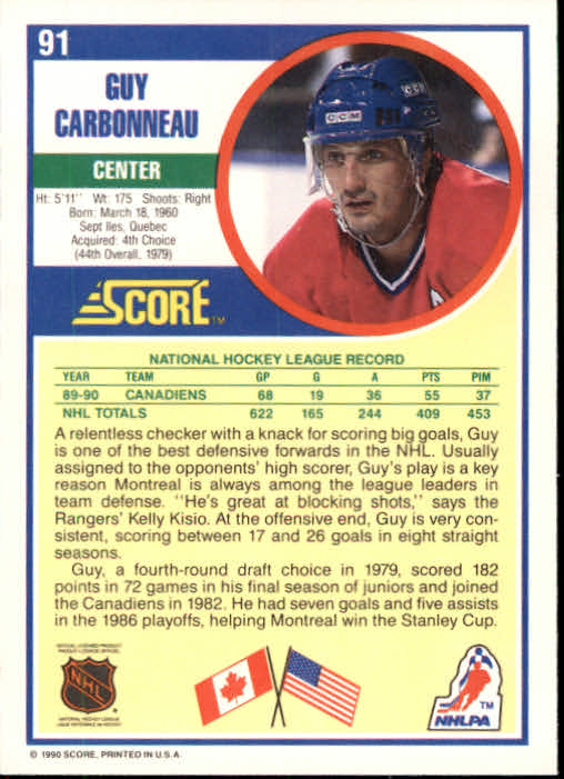 1990-91 Score #91 Guy Carbonneau back image