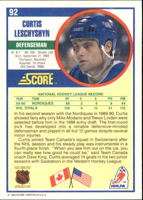 1990-91 Score #92 Curtis Leschyshyn RC back image