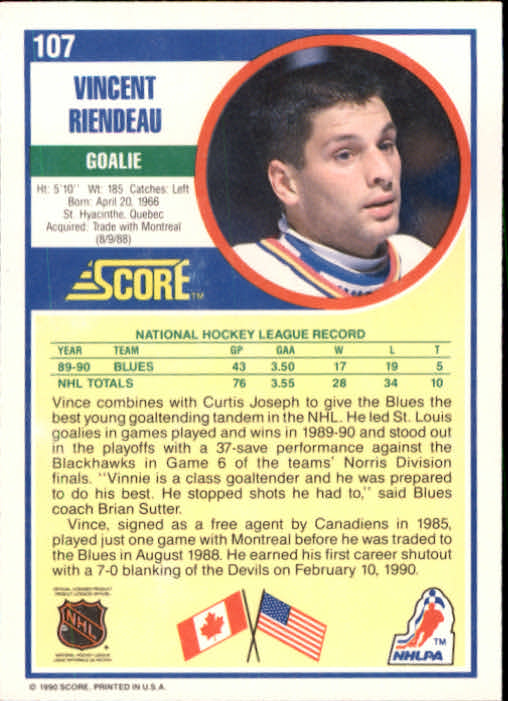 1990-91 Score #107 Vincent Riendeau RC back image