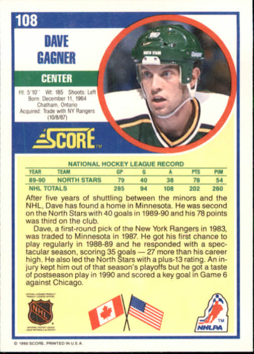 1990-91 Score #108 Dave Gagner back image