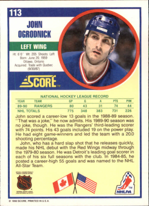 1990-91 Score #113 John Ogrodnick back image