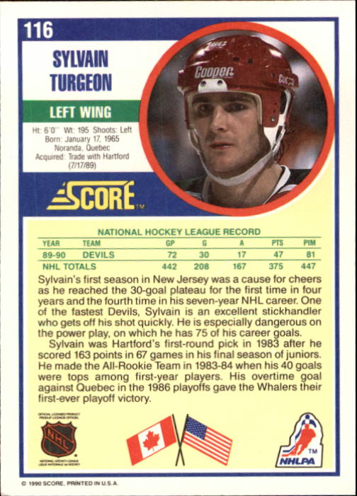 1990-91 Score #116 Sylvain Turgeon back image
