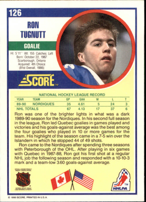 1990-91 Score #126 Ron Tugnutt back image