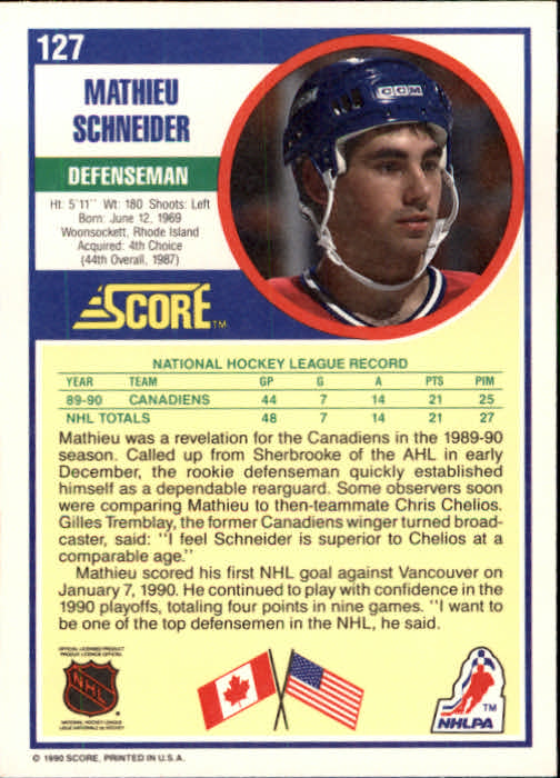 1990-91 Score #127 Mathieu Schneider RC back image