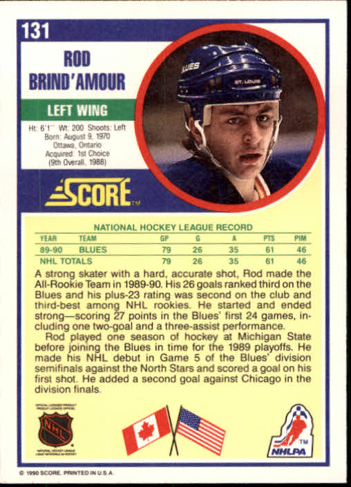 1990-91 Score #131 Rod Brind'Amour RC back image