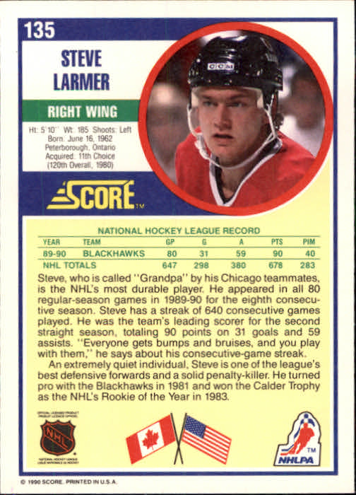 1990-91 Score #135 Steve Larmer back image