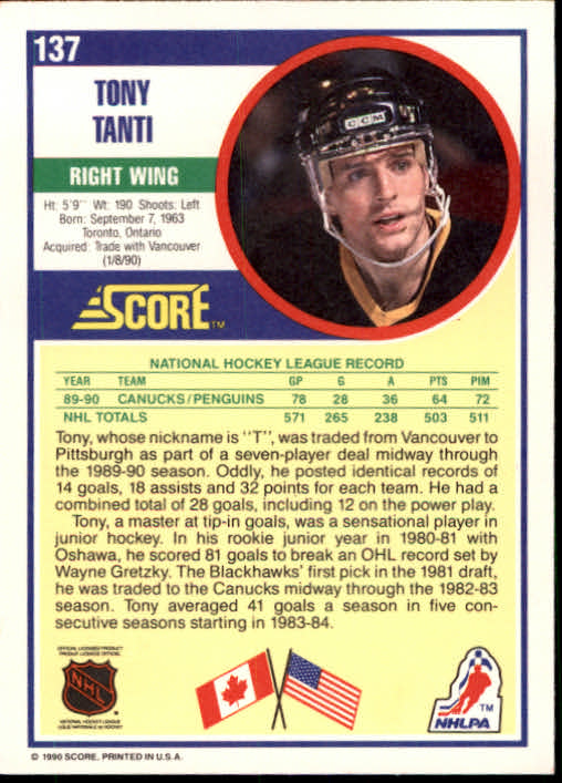 1990-91 Score #137 Tony Tanti back image