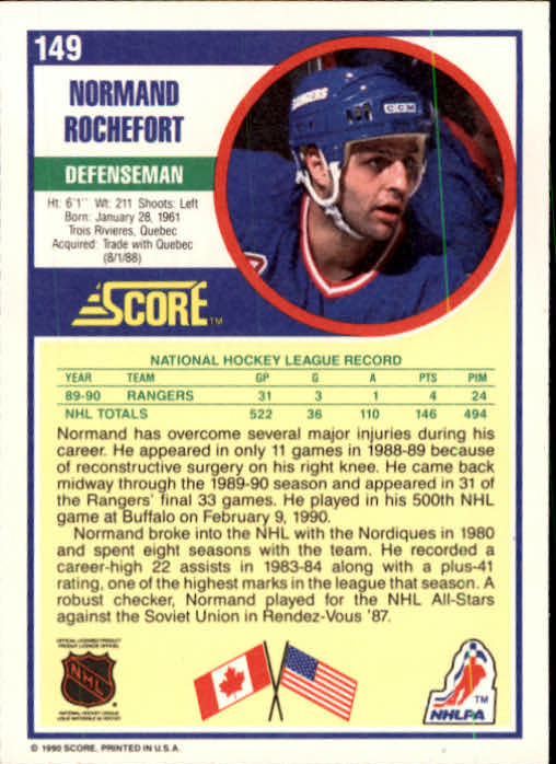 1990-91 Score #149 Normand Rochefort UER/(RW, should be D) back image