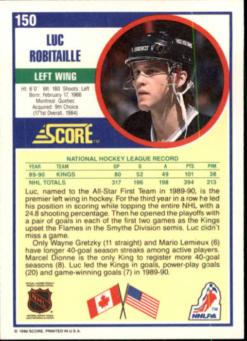 1990-91 Score #150 Luc Robitaille back image