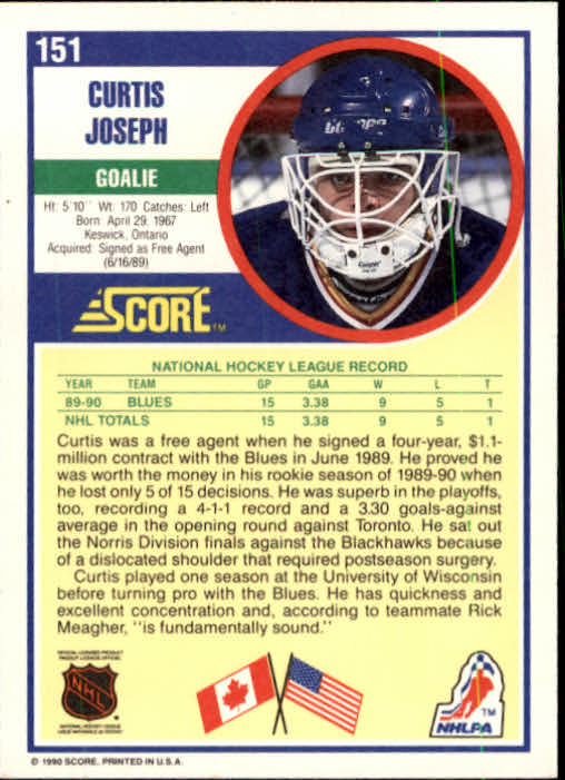1990-91 Score #151 Curtis Joseph RC back image