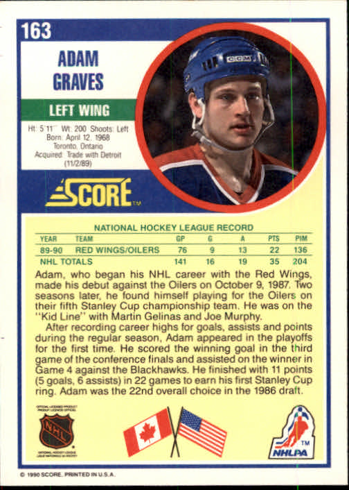 1990-91 Score #163 Adam Graves RC back image