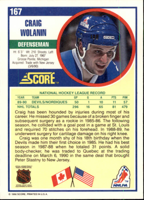 1990-91 Score #167 Craig Wolanin RC back image
