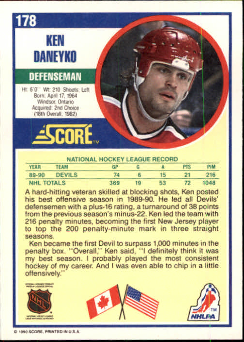 1990-91 Score #178 Ken Daneyko back image
