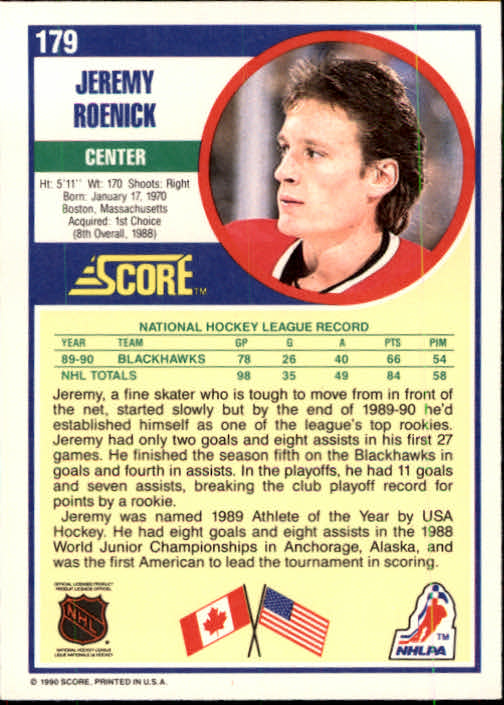 1990-91 Score #179 Jeremy Roenick RC back image