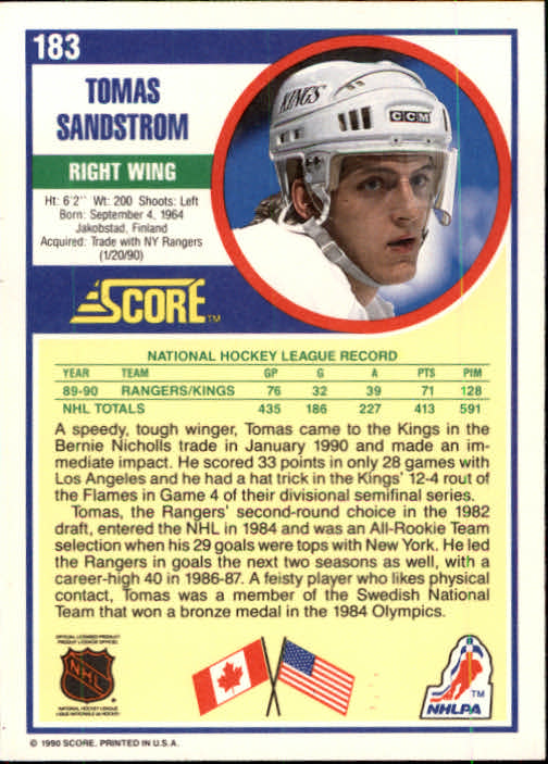 1990-91 Score #183 Tomas Sandstrom back image