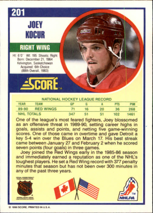 1990-91 Score #201 Joey Kocur RC back image