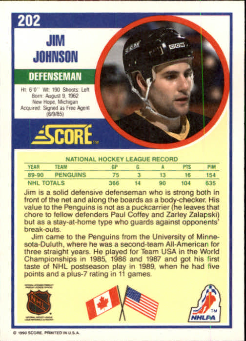 1990-91 Score #202 Jim Johnson UER/(Born Michigan, not Minnesota) back image