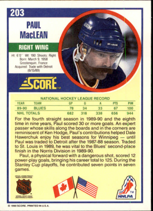 1990-91 Score #203 Paul MacLean back image